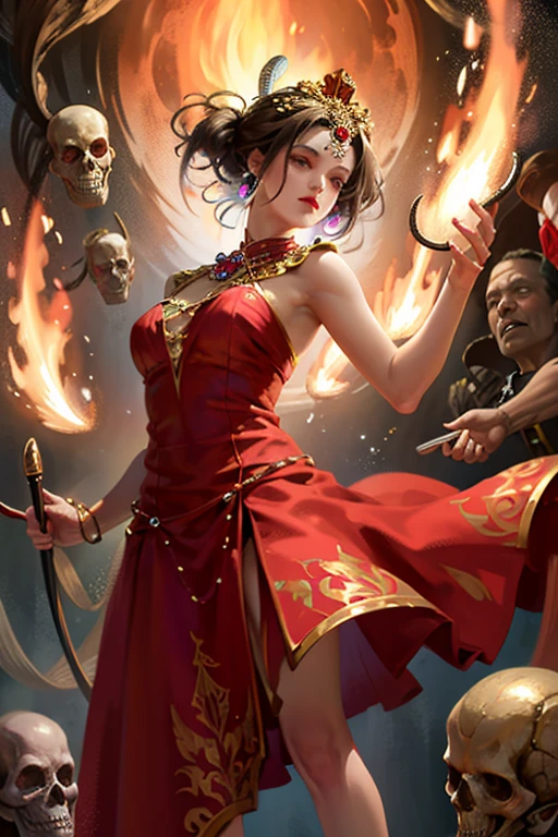 Golden Cup ((skull shape) rubies in eye sockets) filled with precious stones, fire lighting, The brilliance of diamonds, Ultra detailed, macro photography, masterpiece, Photorealistic, high quality, A high resolution, 16K