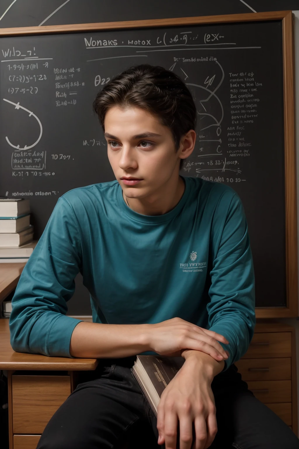A beautiful young twink, cute male, with black hair and a face with makeup. He is wearing a long-sleeved aquamarine shirt and black jeans. He is in his luxurious scientific office, and behind him is a blackboard with neurons and calculus written on it, and he looks in amazement and shock with his eyes beneath it. Dark circles, and he has a red face with makeup on while sitting in his office studying physics