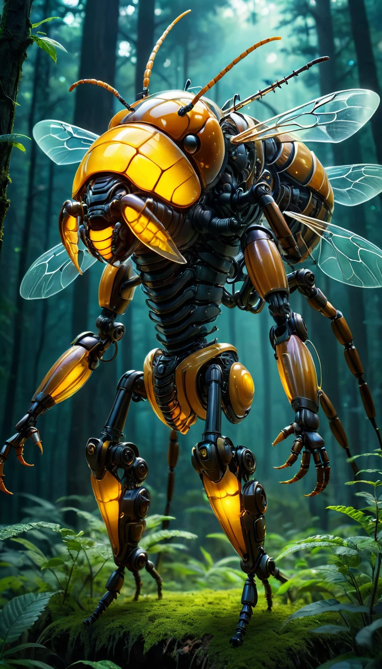 whole body, The background is the forest, The fusion of biology and machines, Transparent Mechanical Giant Hornet, Complex and precise internal structure, LED that glows inside the body