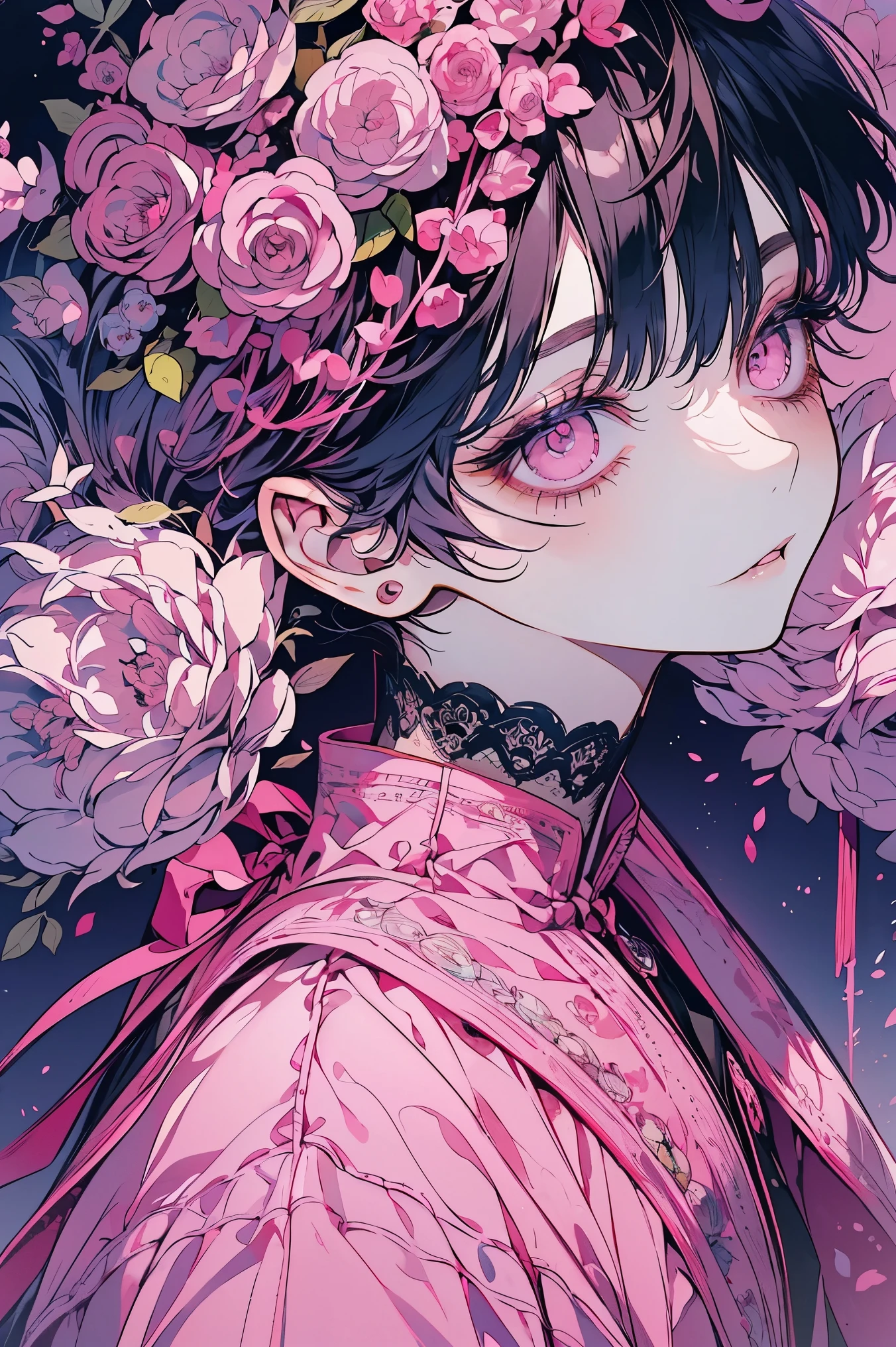 (Mastepiece), (Best Quality), Very detailed, 1 boy, Solo Shooting, Perfect Face, Beautiful Face, Very detailed顔,Pink short hair:1.3),(Big eyes:1.4),(Long eyelashes:1.4)、(Pink Eyes:1.3)、Lots of flowers