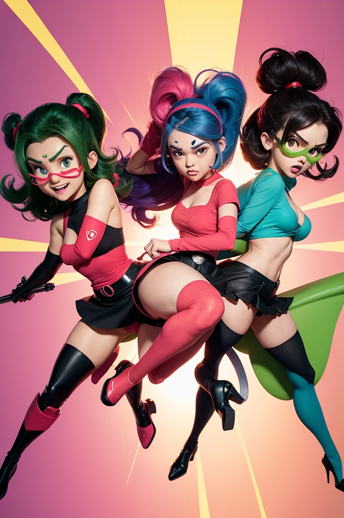 in a pixar-style panoramic image, a sweet look at the powerpuff girls fighting crime