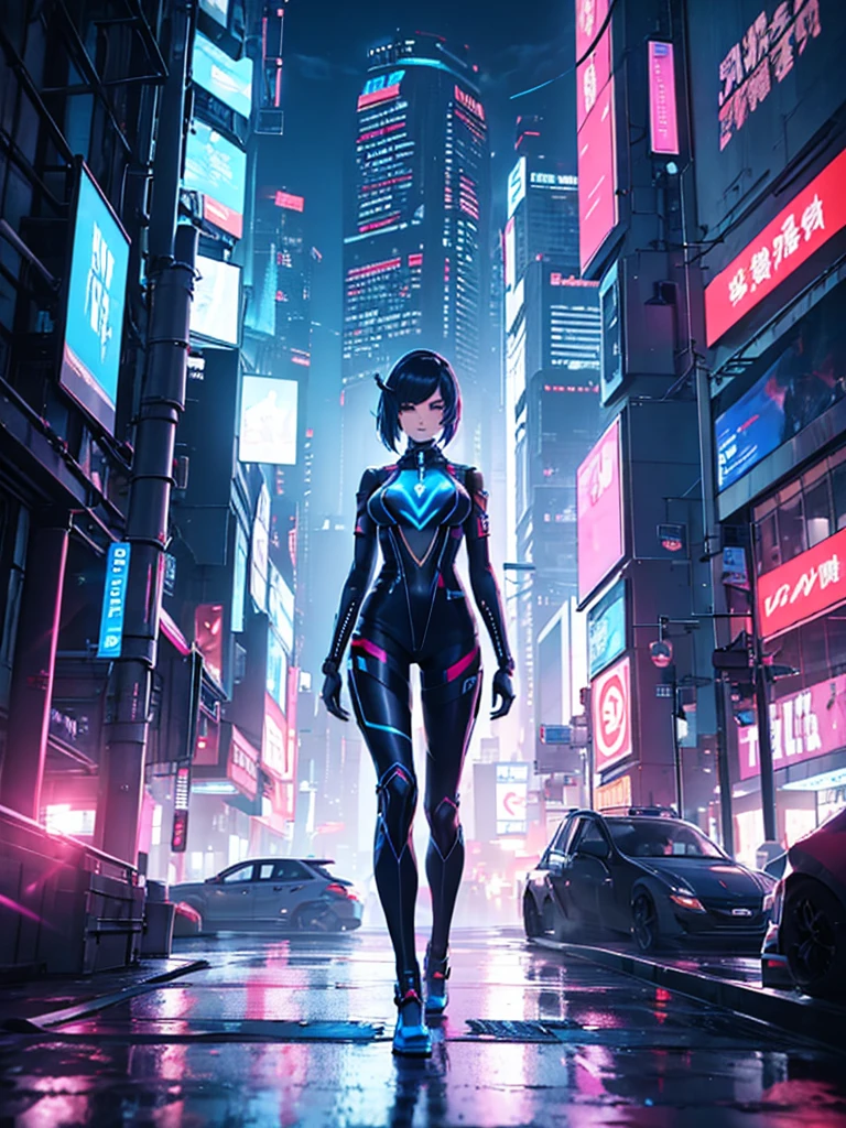 Yelan, 1women, wearing a futuristic outfit, cyberpunk outfit, at a future city, cyberpunk look, black colour hair with blue end, 8k, high detailed, high quality