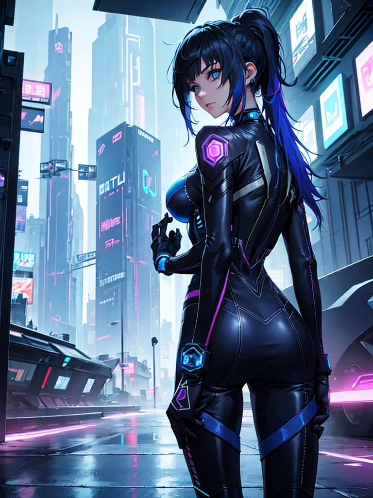 Yelan, 1women, wearing a futuristic outfit, cyberpunk outfit, at a future city, cyberpunk look, black colour hair with blue end, 8k, high detailed, high quality