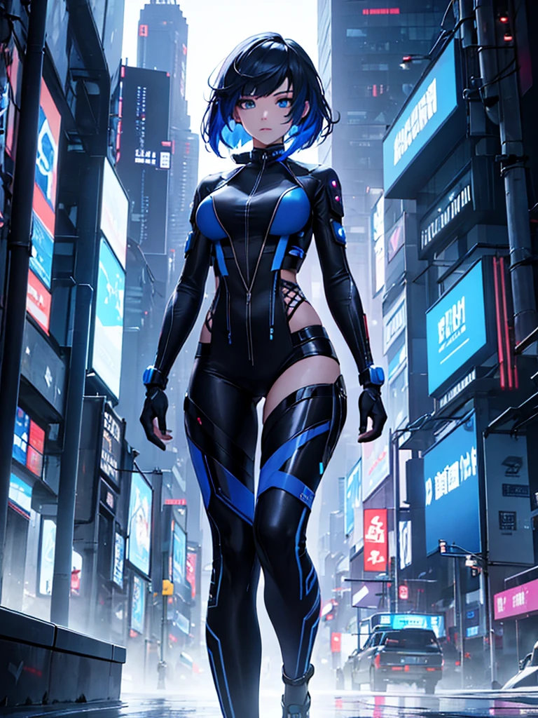 Yelan, 1women, wearing a futuristic outfit, cyberpunk outfit, at a future city, cyberpunk look, black colour hair with blue end, 8k, high detailed, high quality