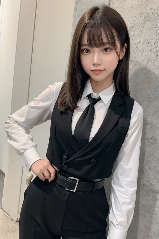 masterpiece、flat-colors、depth of fields、lens flare 1 girl、、Brown hair、watching at viewers a belt black suspenders Social OL huge-breasted Armpit sweat perspiring Side of both hands walls: Black Suit Black pants, Black jacket holster arm Leg holster arm Knife Carrying arma Gaze No tie tiarra No bangs Small face smile with white teeth