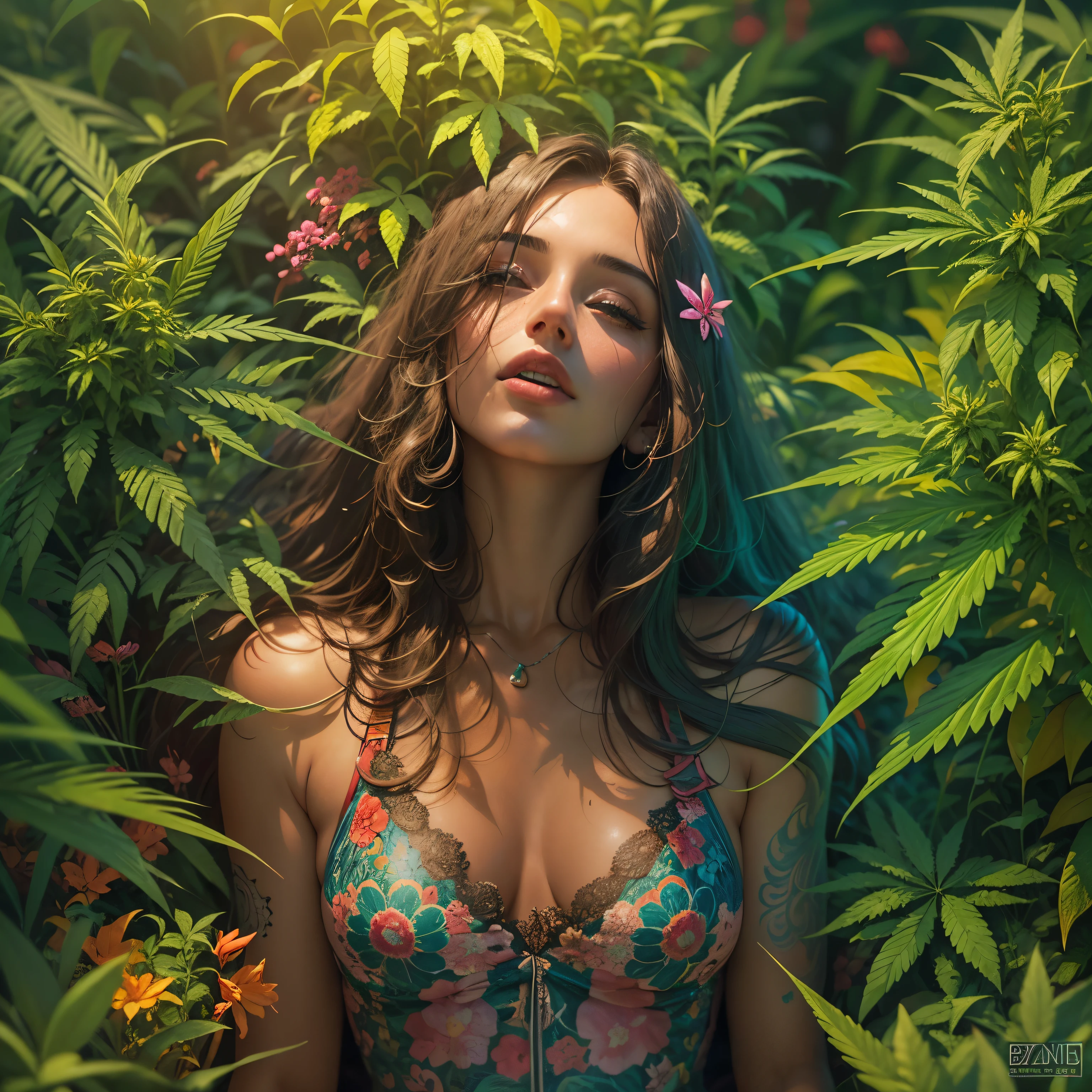 Top quality, masterpiece, super high resolution, ((Photorealistic: 1.4), raw photo, 1 beautiful girl buried in cannabis, ((portrait)), shiny skin, (super realistic details)), Cannabis and cocaine covering limbs, drug education. Beautiful woman with tongue sticking out, ((LSD)), psychedelic background, octane rendering, 8K, super sharp, metal, Intricate psychedelic details, very intricate details, realistic light, facing the camera, psychedelic details,