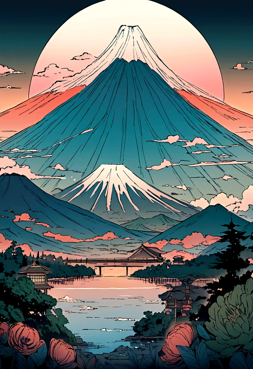 mount. Mount Fuji can be seen at sunrise beyond Enoshima,The center of the image is a dark green gradation.Fantasy