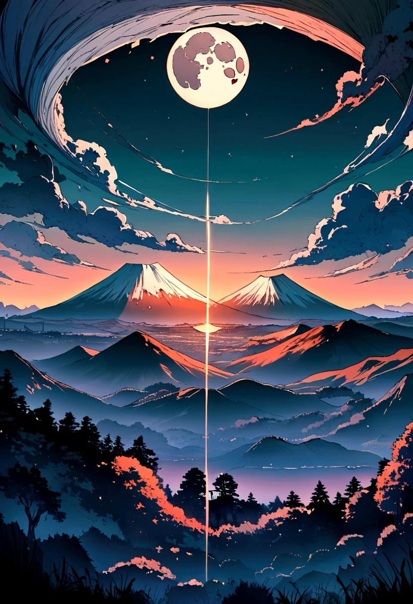 mount. Mount Fuji can be seen at sunrise beyond Enoshima,The center of the image is a dark green gradation.Fantasy