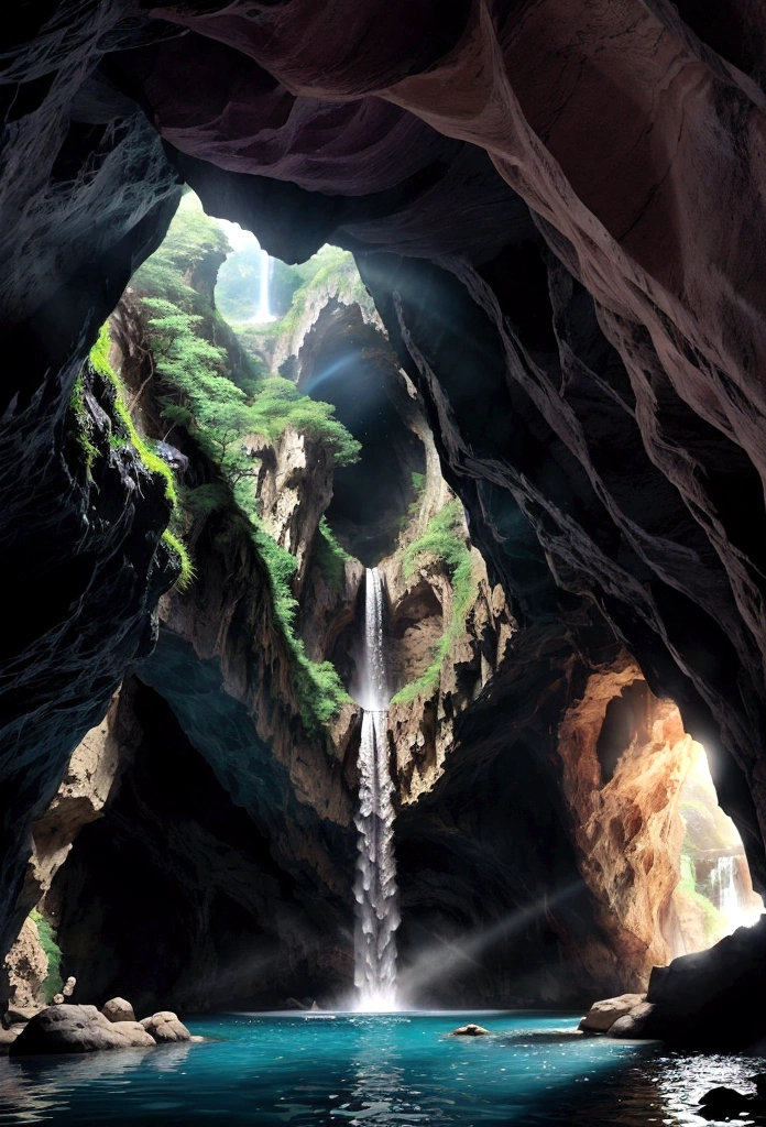 Inside the cave、Fantastic、Mysterious、waterfall、lake、Ocean、force、Disney style、Real