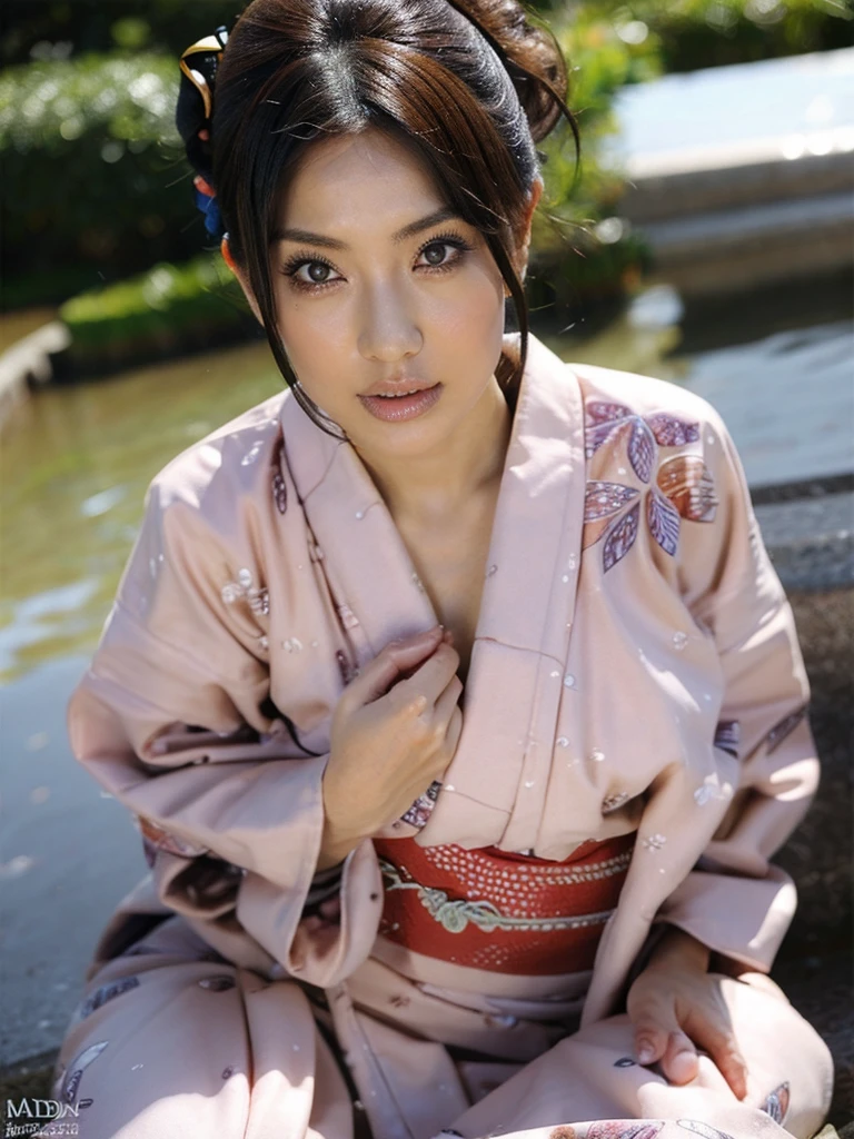 ((Highest quality)), ((masterpiece)), (detailed), Perfect face masutepiece, Best Quality, Illustration, Ultra-detailed, finely detail, hight resolution, 8K Wallpaper, Perfect dynamic composition, Beautiful detailed eyes, Natural color lip, Bold sexy poses, 20 years girl, Cute, Sexy shot looking at camera、wide angle, Japanese yukata,hair bun,full BODY, summer festival