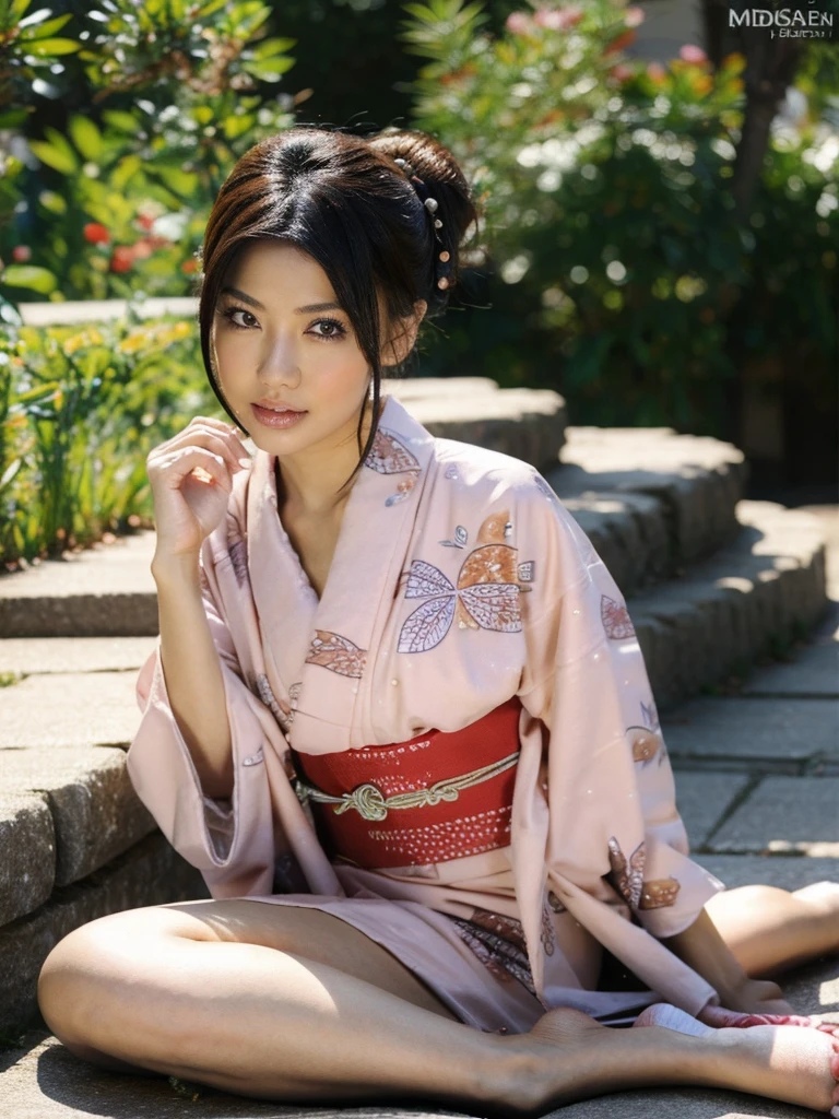 ((Highest quality)), ((masterpiece)), (detailed), Perfect face masutepiece, Best Quality, Illustration, Ultra-detailed, finely detail, hight resolution, 8K Wallpaper, Perfect dynamic composition, Beautiful detailed eyes, Natural color lip, Bold sexy poses, 20 years girl, Cute, Sexy shot looking at camera、wide angle, Japanese yukata,hair bun,full BODY, summer festival