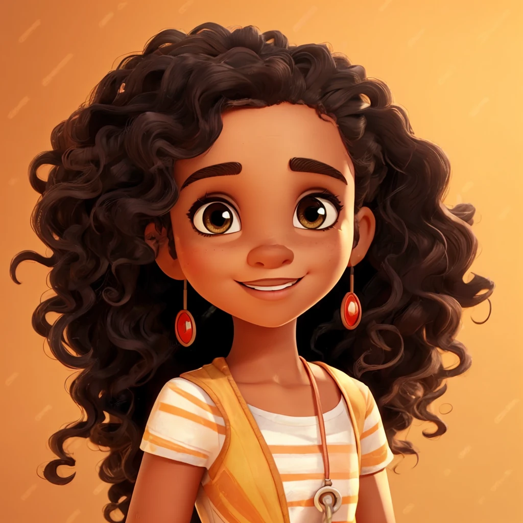 disney pixar style, 3d realistic photo, 40 year old woman, light brown skin, curly dark brown shoulder length hair, black eyes, happy facial expression, with white shirt written in red "Rizan Store", jeans and red shoes