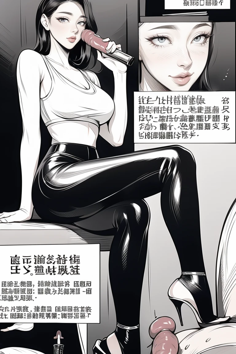 The beautiful girl in lace top and leggings is sitting astride a pile of skeletons in the center of the picture. She is holding a trembling sausage with juice squeezed out in her hand and smiling. There are multiple comic storyboards in the background,cbt, sausage bondage,sausage insertion,Sexy, trampling sausage with high heels heel,(masterpiece, best quality:1.2),1 beautiful girl,sexy,comic storyboard:2, leggings, sit astride, axially symmetrical:2, ,femdom,sounding,cbt,hold,smile,colorful,leggings,thin gap,cameltoe,insertion,trembling,juice,spray, Long hair,Lace top,Sexy, Shiny leggings, High heel,cleveage, trampling, in forest, saliva , Mucus