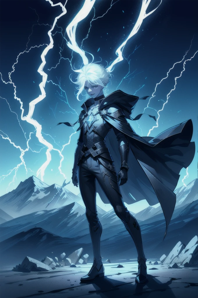 A -yeld teith an albino skin tone. He is an engineer and artificer, without facial or body hair. His hair is short and straight, colored white. The boy is wearing a futuristic cyberpunk in black and blue, futuristic style clothes, adorned with white lightning patterns. He is surrounded by an aura of white lightning, with a background featuring a scenery of rapid lightning and thunder. Thunder powers.