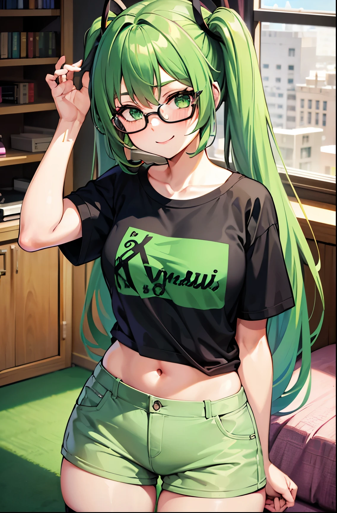 Girl, twintail hair, green hair, green eyes, glasses, cute girl, smile, t-shirt, hotpants, living room