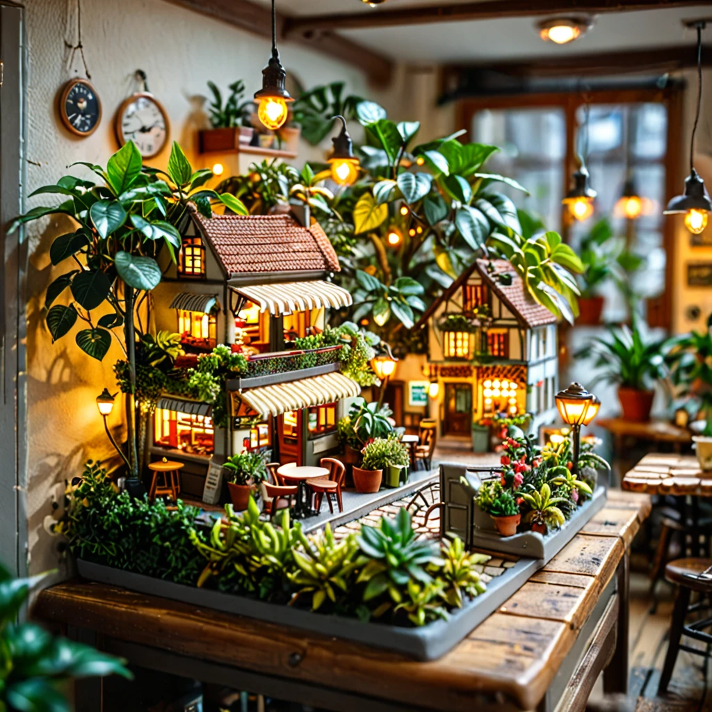 tilt-shift photography,(masterpiece, top quality, best quality),(ultra-detailed, absolutely resolution),((16k, high res)). (retro café and house plants, interior))