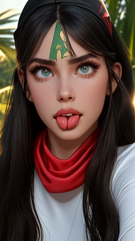 gorgeous Italian model, looks like Madison Beer, (mature woman), ((full lips)), very big lips, full lips, ((extra big lips)), increased lips, (light green beautifull eyes), very confident face expression, long eyelashes, long oval face, (((square cheekbones))), (sharp cheekbones, sharp cheek, square cheek,) ((slim face)), strict face, medium length black hair, straight hair, perfect hair, shiny face, pale face, ((wide hips)), narrow waist, big breasts, fit ass, gorgeous light, (((front view))), ((standing in front of us)), standing next to black bike, on the road, palms, (((red bandanna on head))), smiling, (showing her tongue), black leather trousers, black leather jacket, sticking out her tongue, she has a cute expressive face, cute silly face, tongue out, tongue