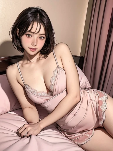 (((女性がベッドで寝そべる姿を真上からwhole body撮影する))), (Realistic: 1.4), masterpiece, Ultra-high resolution, RAW Photos, Highest quality, (Smiling with teeth showing: 1.0), (sexy: 1.4), RAW Photos, Ultra-Realistic live-action expression, Fine skin expression, Beautiful Japanese Wife, (Small face: 1.2), (cute: 1.0), (Blush Pink: 1.1), (Fallen Eyes: 1.3), (big, Round eyes: 1.0), (Moisturized eyes: 1.3), ( Looking up at the camera: 1.0), Double eyebrow shape, White skin with makeup, short hair, 深紅のsexyなシースルーブラ、High Leg See-Through Panties、Sheer lace nightgown、Clothes are disheveled、A big bust that seems to burst、Narrow waist、Deep cleavage created by lifting with a bra、Tight round thighs、Thin legs、Lying on one's back on the bed, whole body, Four fingers and a thumb, In a sexy sleeping position