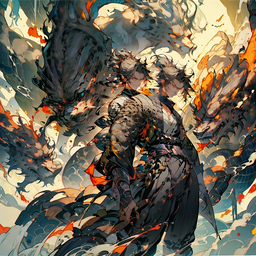 Young man, dark blue short hair, long bangs, covering half the face, keen eyes, long scar on face, expression of dissatisfaction, fantasy leather jacket over a dark tank, trousers, matching the outfit, black fire swirls around, in the background there is a formidable dragon and a girl, behind is a beautiful girl formed by black flames, this character embodies a finely crafted fantasy realist anime style, A high resolution, Best quality, A high resolution, ultra detailed, ultra fine painting, extremely delicate, professional, anatomically correct, symmetrical face, extremely detailed eyes and face, High quality eyes, creativity, Raw photo, uhd, 8 k, Natural light, Cinematic lighting, masterpiece-anatomy-perfect, masterpiece:1.5