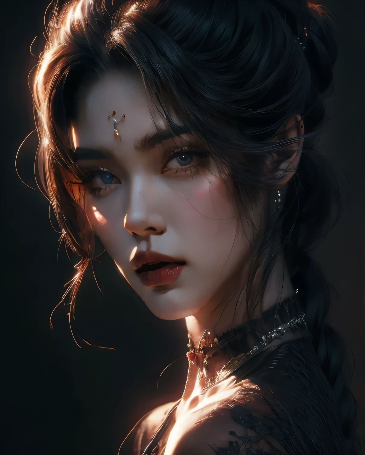 1 girl, african girl, 18 years old, Long wavy hair, detailed black eyes, beautiful lips, skinny, tattoo's, old school fashion, details Intricate, high qualiy, photorrealistic, cinematic lighting, dynamic pose, warm color tones