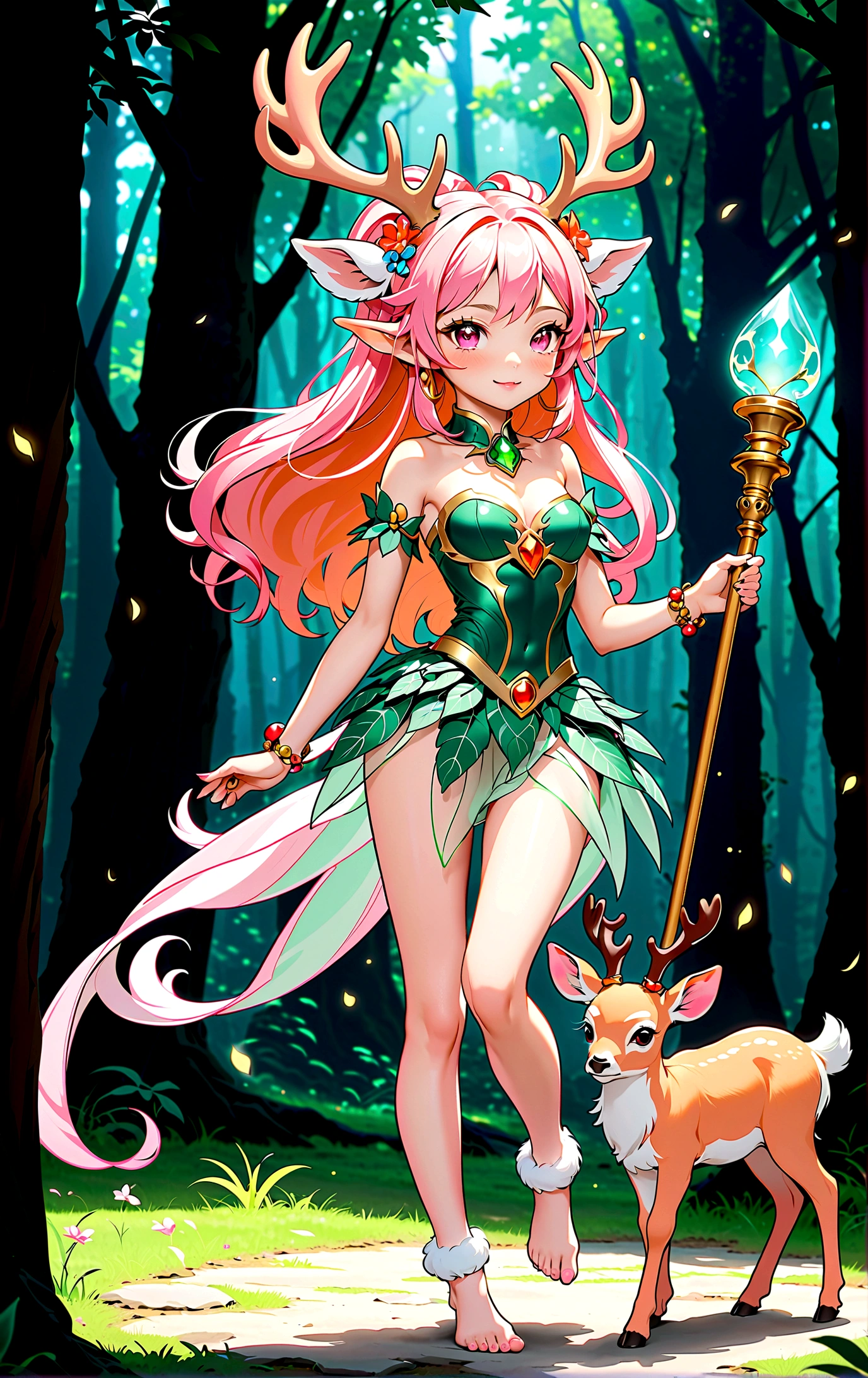 game character,Cartoon anime style,beautiful girl,Cute expression,Fluffy pink hair,Pink Eyes,Cute pink deer antlers,Elf ears,Orange tulle short skirt,Metal gem-encrusted scepter glows,Slender legs,Standing barefoot,Bells on anklets。(((Correct human anatomy))),In the magic forest,A cute white deer