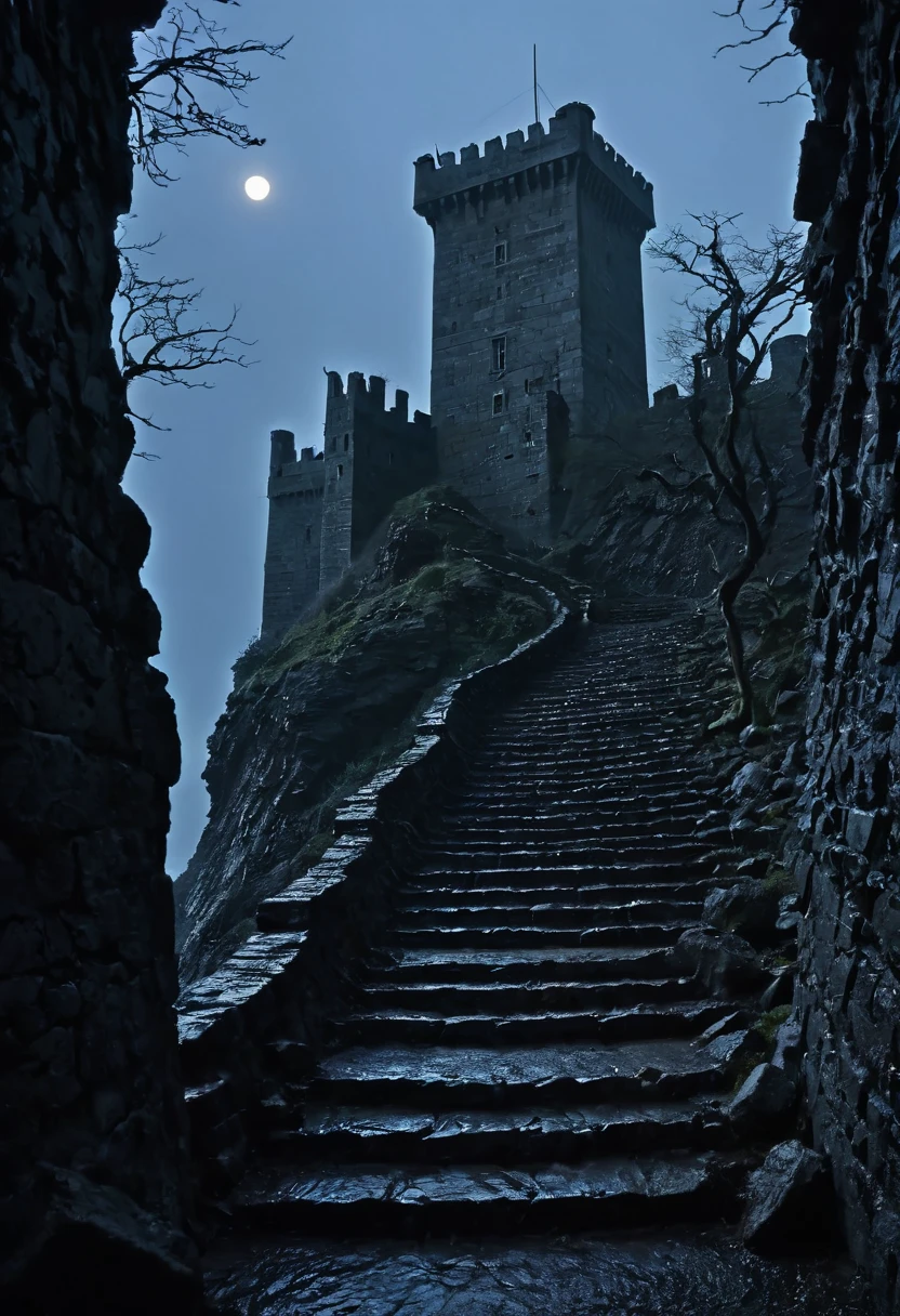 From the distance, The road winds through a desolate and dark landscape, dominated by the influence of the demons that control the continent. The path is lined with twisted trees and eroded rocks that seem to whisper stories of ancient times and hidden dangers..

As you get closer, The imposing castle stands majestically on a cliff that plunges into the raging sea. The waves break against the rocks with fury, as if they were trying to challenge the presence of the castle and its formidable owner, the demon queen. The castle itself is a dark, gothic fortress, with tall towers rising into the stormy sky.

The castle walls are decorated with infernal motifs and symbols of demonic power, but without a gargoyle in sight. The architecture is austere and functional, reflecting the implacable authority of its owner. The only entrance to the castle is a solid iron gate, adorned with intricate designs of demonic runes that appear to glow darkly in the moonlight.

The atmosphere around the castle is infused with an aura of power and danger., where the whisper of the wind seems to carry echoes of demonic intrigue and dark desires.