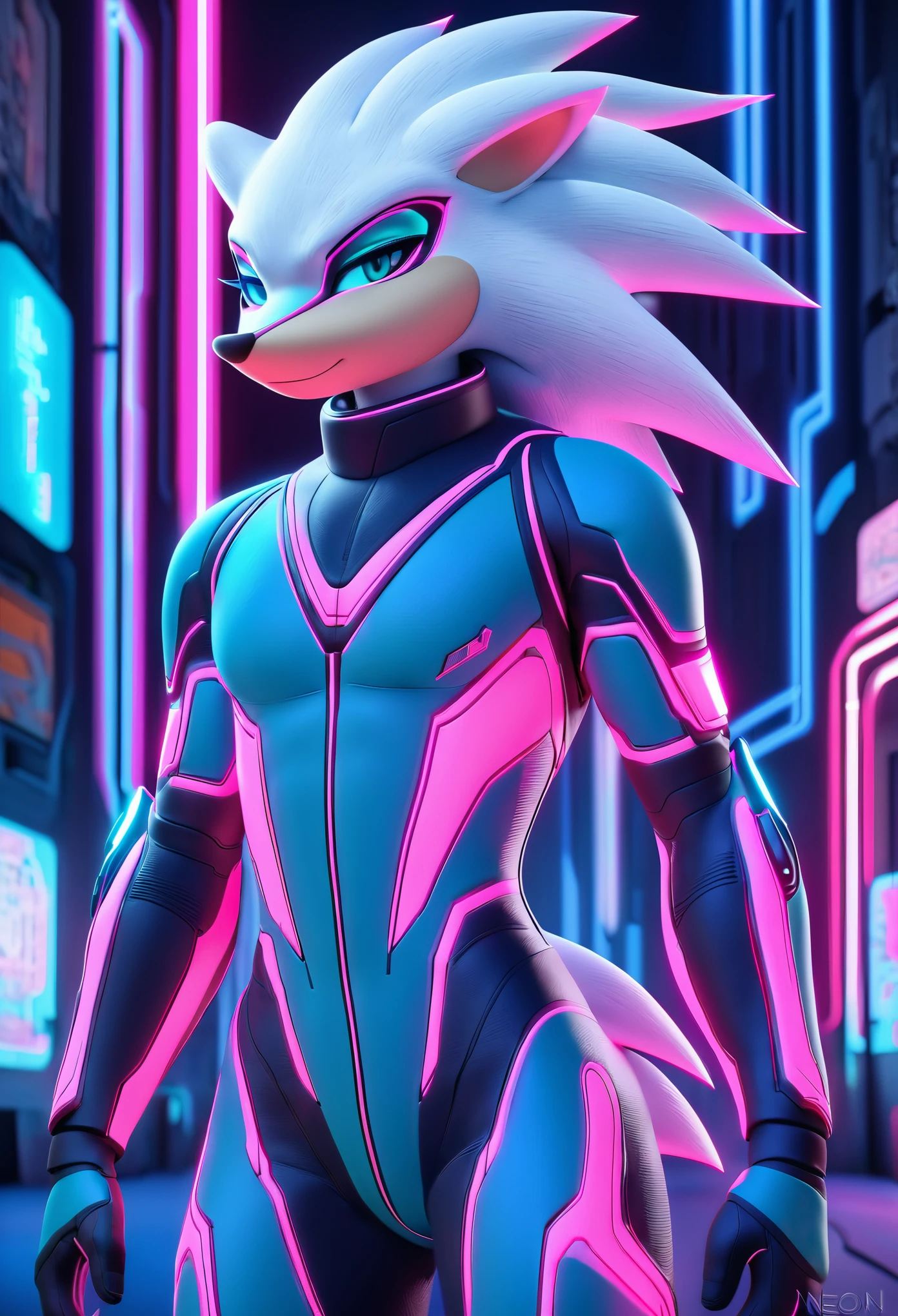 (((masterpiece:1.5, 4K, 8K))), a (((full body))) high quality digitally drawn rendered image, ((by SEGA)) of A solo, slim male anthro ((silver—white hedgehog)), with glowing blue eyes, ((metallic blue eyeliner:1.5)), (((tan muzzle))), wearing a (((sci-fi bodysuit))) stands in a neon-lit cyberpunk city The bodysuit is adorned with (((bright teal coloring:1.5))) with (((neon pink accents:1.4))), and intricate, detailed seams, creating a futuristic look.