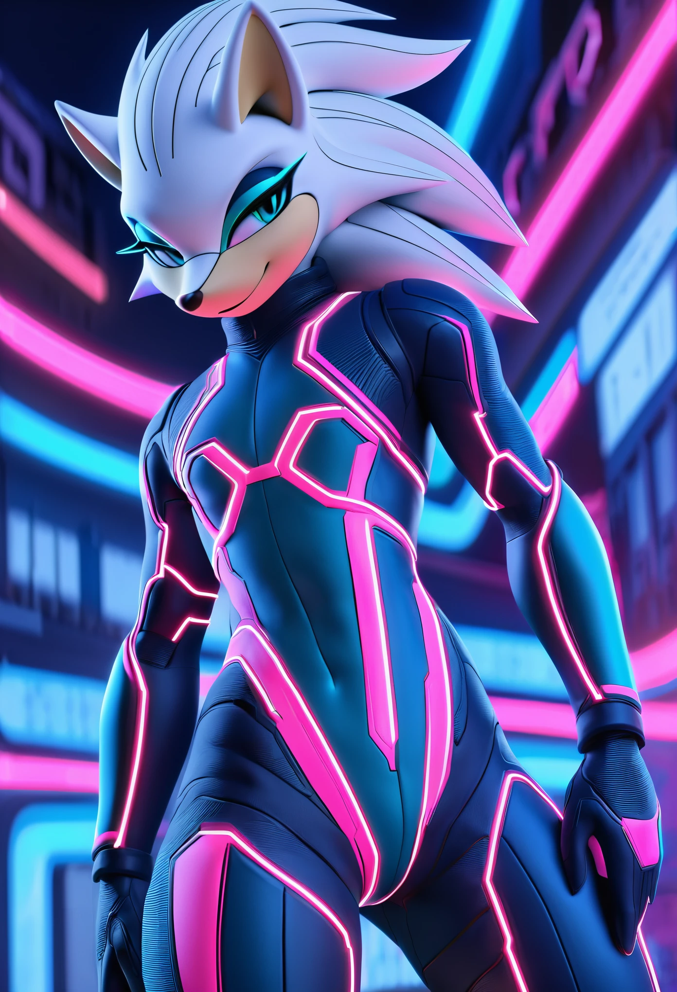A solo male twink anthro android, robot ((hedgehog)), with bright cyan fur, glowing blue eyes, white muzzle, wearing a sci-fi bodysuit stands in a futuristic landscape. The android's bodysuit has (((light blue, and white coloring))), medium bulge and intricate (((mechanical details))), creating a futuristic look. the android robot has a seductive smirk on his face