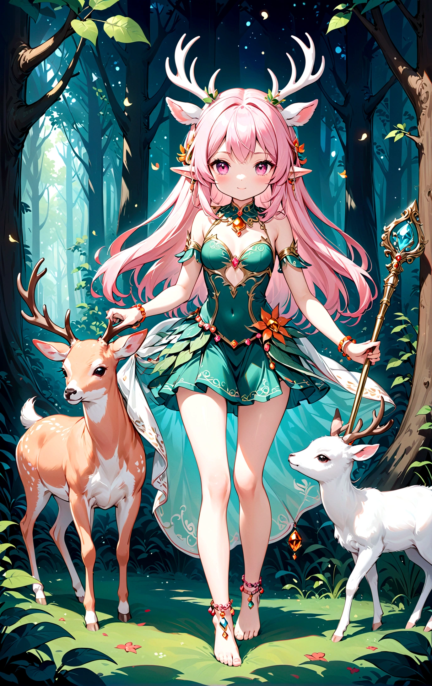 game character,Cartoon anime style,beautiful girl,Cute expression,Fluffy pink hair,Pink Eyes,Cute pink deer antlers,Elf ears,Orange tulle short skirt,Metal gem-encrusted scepter glows,Slender legs,Standing barefoot,Bells on anklets。(((Correct human anatomy))),In the magic forest,A cute white deer
