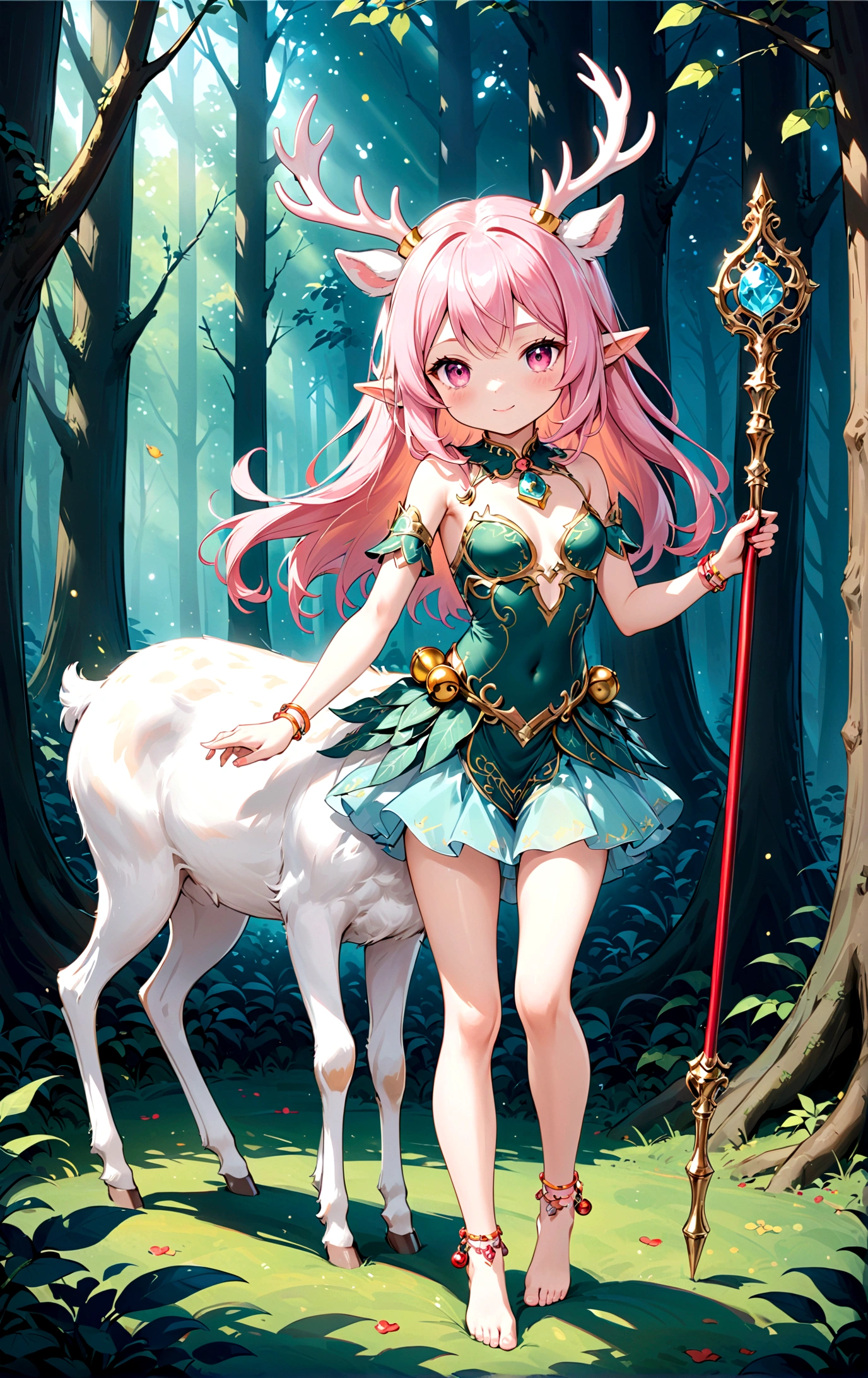 game character，Cartoon anime style，beautiful girl，Cute expression，Fluffy pink hair，Pink Eyes，Cute pink deer antlers，Elf ears，Orange tulle short skirt，Metal gem-encrusted scepter glows，Slender legs，Standing barefoot，Bells on anklets。(((Correct human anatomy)))，In the magic forest，A cute white deer