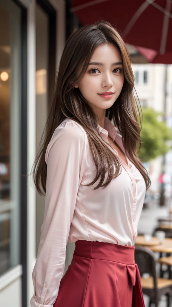 highest quality, Realistically, Very detailed, About pubic hair, High resolution, 8k wallpaper, One beautiful woman, Pink wet lips, Light brown messy hair, Wearing a suit, shirt, White Skirt, Lock focus, Perfect dynamic composition, Beautiful Eyes, Delicate Hair, Detailed Realistically skin texture, smile, Close-up portrait, Model Body Type, On the open terrace of the cafe, Blurred Background, (Full Body Shot), Take photos from a distance, Random body orientation,Sit on a chair、