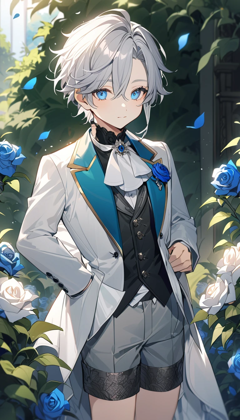 Handsome,very beautiful,1 ,young,alone,white short hair,blue eyes,black shirt,Luxurious white blazer,((Gray suit shorts)),black garters,((blue Rose)),White satin ribbon clothing decoration,Exquisite clothing details,Calm expression,Holy,Goethe-style,garden