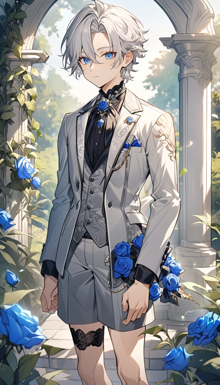 Handsome，very beautiful，1 ，young，alone，white short hair，blue eyes，black shirt，Luxurious white blazer，((Gray suit shorts))，black garters，((blue Rose))，White satin ribbon clothing decoration，Exquisite clothing details，Calm expression，Holy，Goethe-style，garden