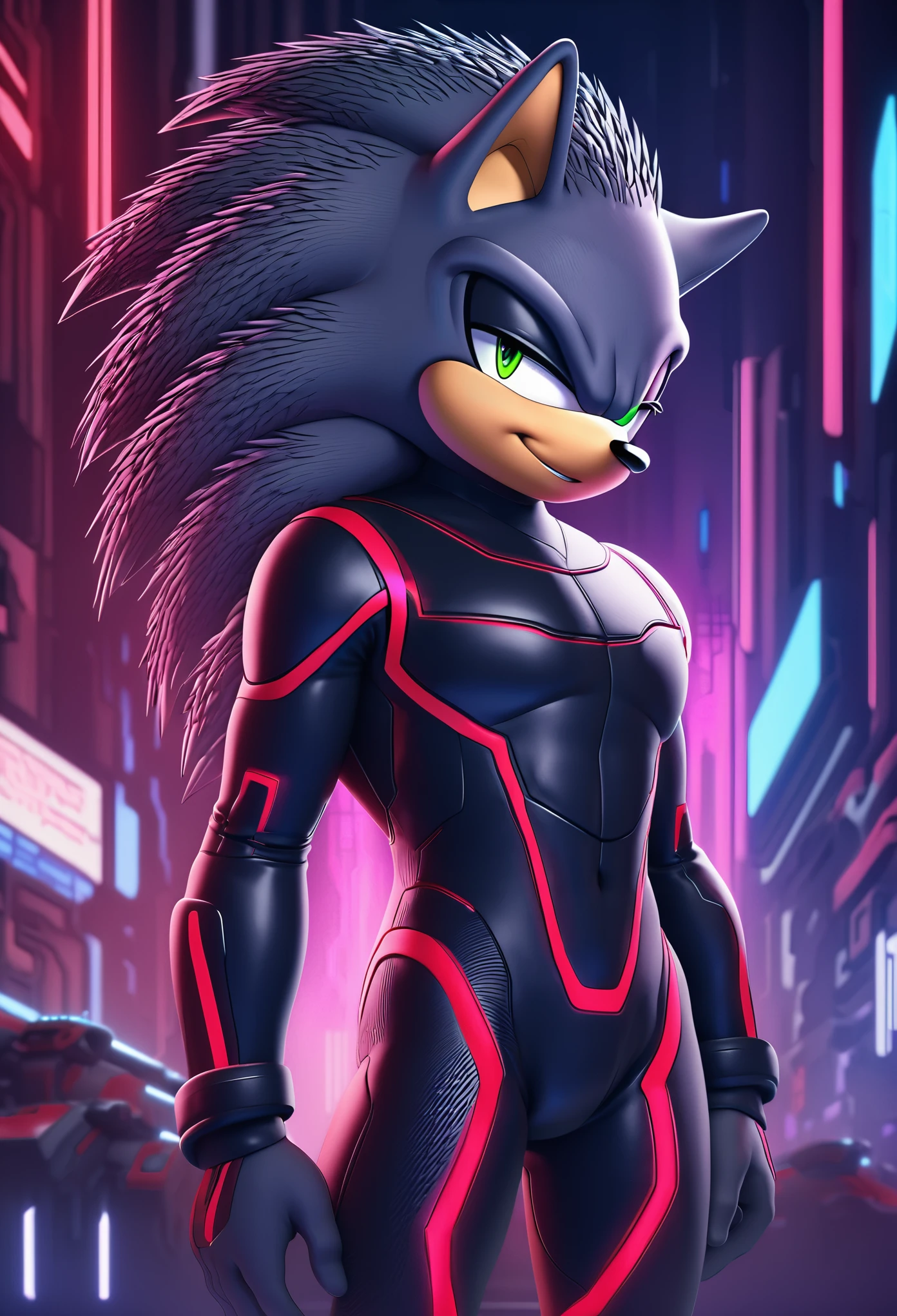 (((masterpiece:1.5, 4K, 8K))), a full body high quality digitally drawn rendered image ((by SEGA)) of A solo male tall anthro ((gunmetal grey hedgehog)), (((fuzzy, movie sonic style quills:0.9))) with glowing green eyes, (((tan muzzle))), wearing a (((sci-fi bodysuit))) stands in a neon-lit cyberpunk city The android's bodysuit is adorned with (((black coloring:1.5))) with (((crimson accents:1))), with intricate android seams, creating a futuristic look. the android has a seductive smirk on his face