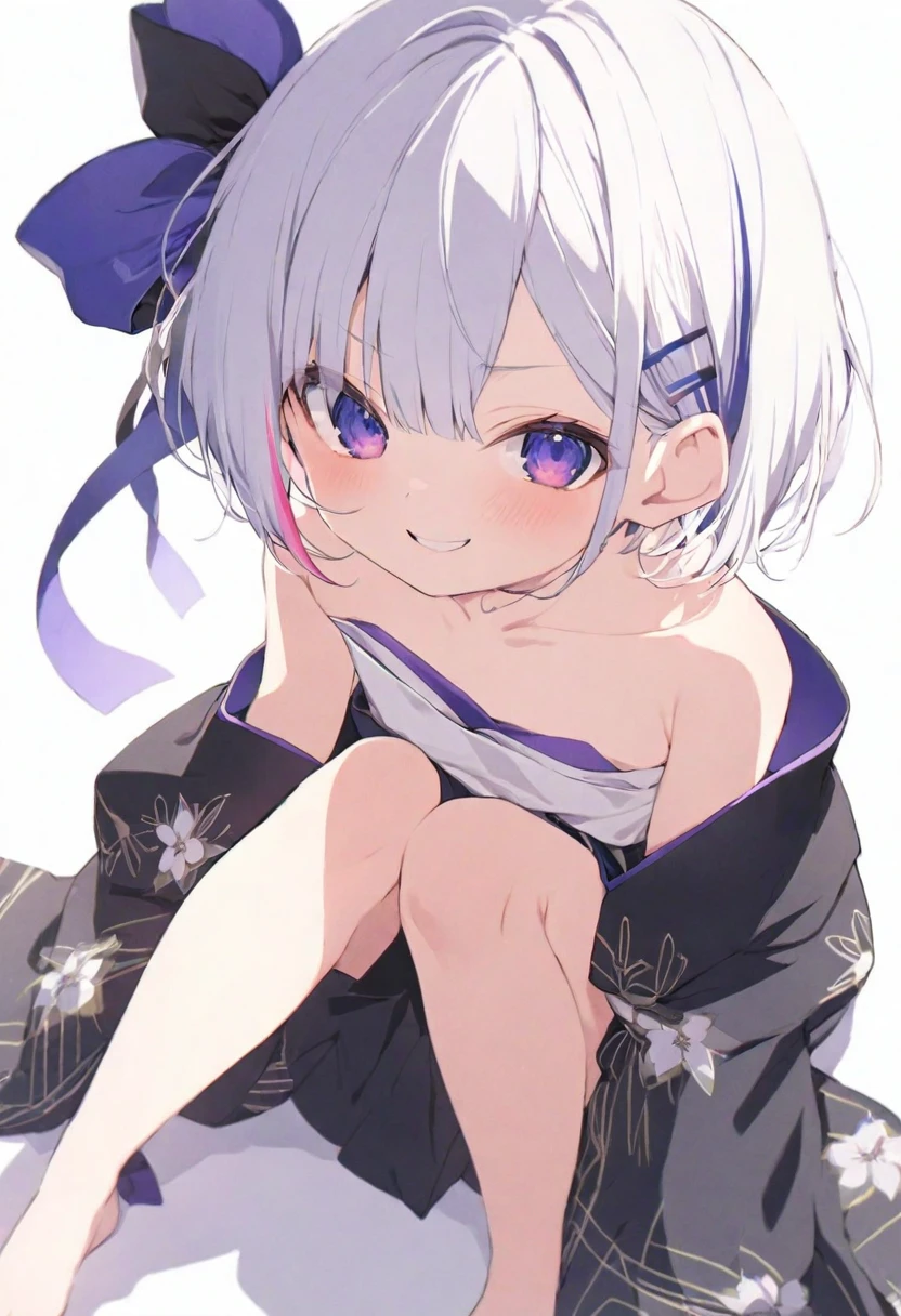 (masterpiece), (best quality), perfect face, beautiful girl, white background background, delicate and beautiful face and eyes, dark intense shadow, 
1 girl, vtuber style, cool girl, hololive, loli, amane kanata, streaked hair, short hair, kimono, small chest, clavicle, winking, smile, (full body), looking at viewer, standing,