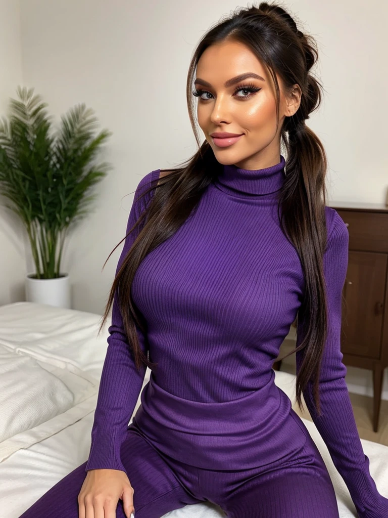 photo of a skinny brunette prostitute with fake eyelashes and plump-enhanced lips, messy long hair thrown into a messy bun ponytail. She wears: (turtleneck soft high ribbed purple super tight sweater:1.1), submissive seductive pose, high tight ribbed neck, seductive smile, perfect fake tits, horny eager russian pornstar wife lana roy