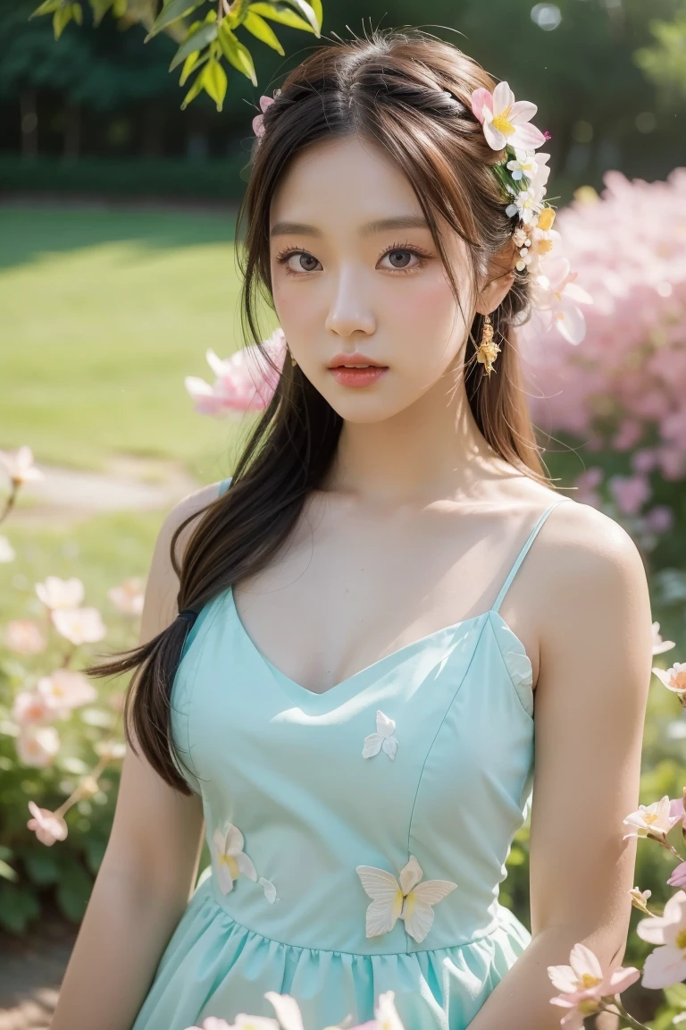 masterpice, (best quality), ((best detailed)), depth of field, a beautiful girl, beautiful face, nature, spirit, blossom, colorful landscape, flowers, butterflys, glowing dress, elements