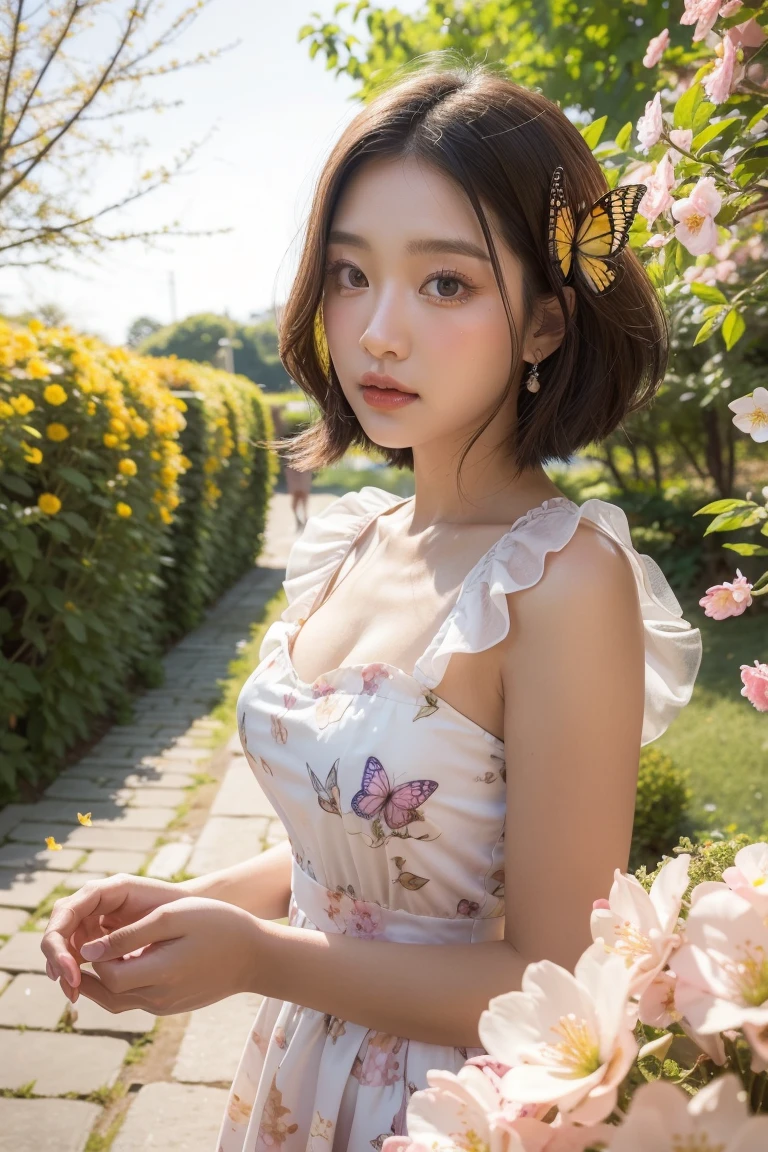 masterpice, (best quality), ((best detailed)), depth of field, a beautiful girl, beautiful face, nature, spirit, blossom, colorful landscape, flowers, butterflys, glowing dress, elements