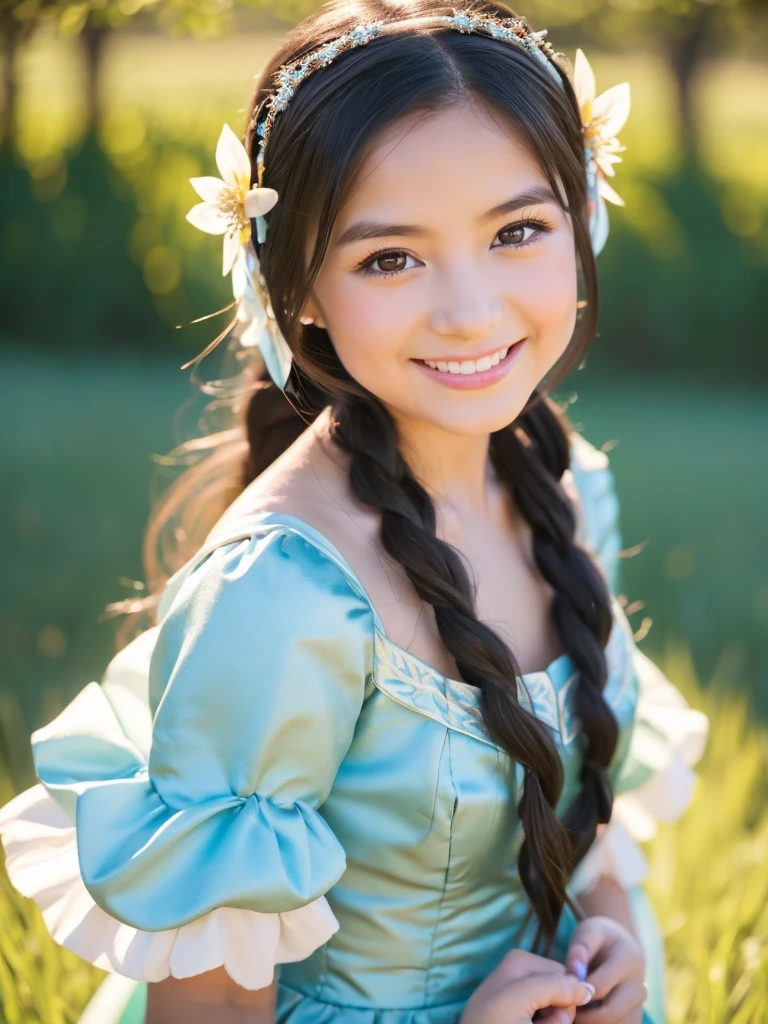 Close-up of a young girl in a dress in a field, Smiling like a fairy queen, Anime Princess, Beautiful costumes, Beautiful Princess, Hino Rei plays the princess, Disney character, Outfit with blue accents, Princess Jasmine, Beautiful woman princess, Close-up details, Disney character style, Royal elegant pose, Elf Princess, Disney!!, Anna, Disney princess