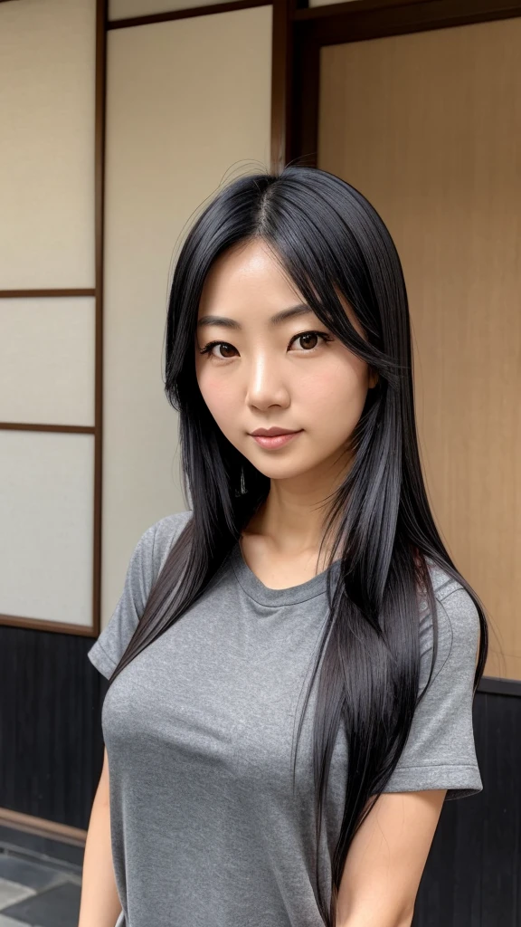 Female, Japanese, 50s, long black hair with gray, brown eyes, friendly impression, casual clothing, face with prominent lines, fine lines beginning to show, upper body in focus