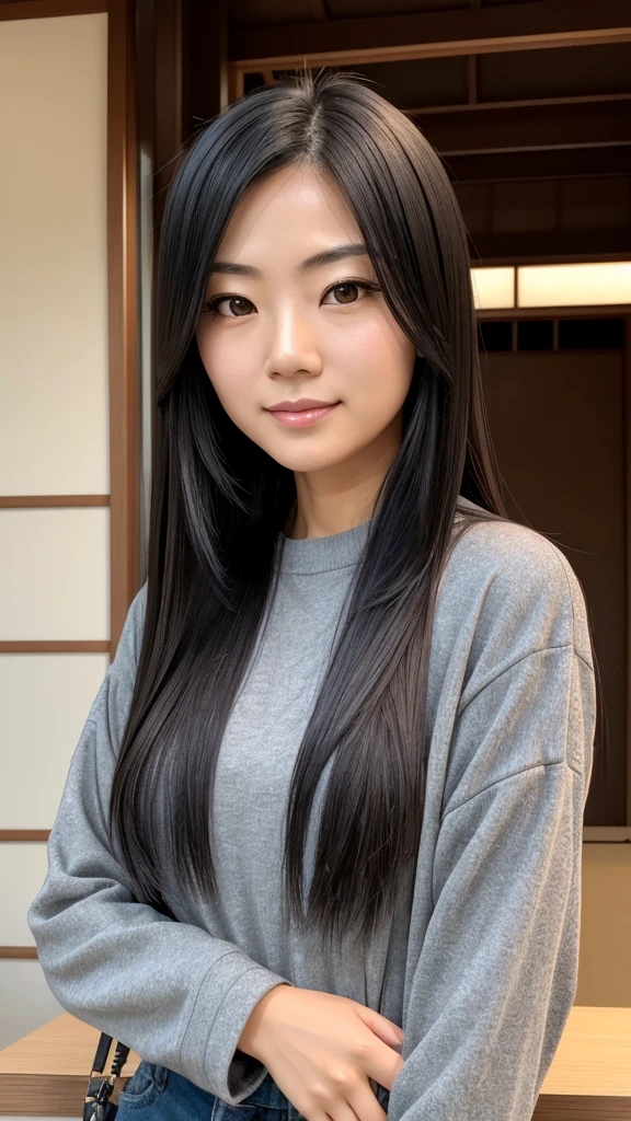 Female, Japanese, 50s, long black hair with gray, brown eyes, friendly impression, casual clothing, face with prominent lines, fine lines beginning to show, upper body in focus