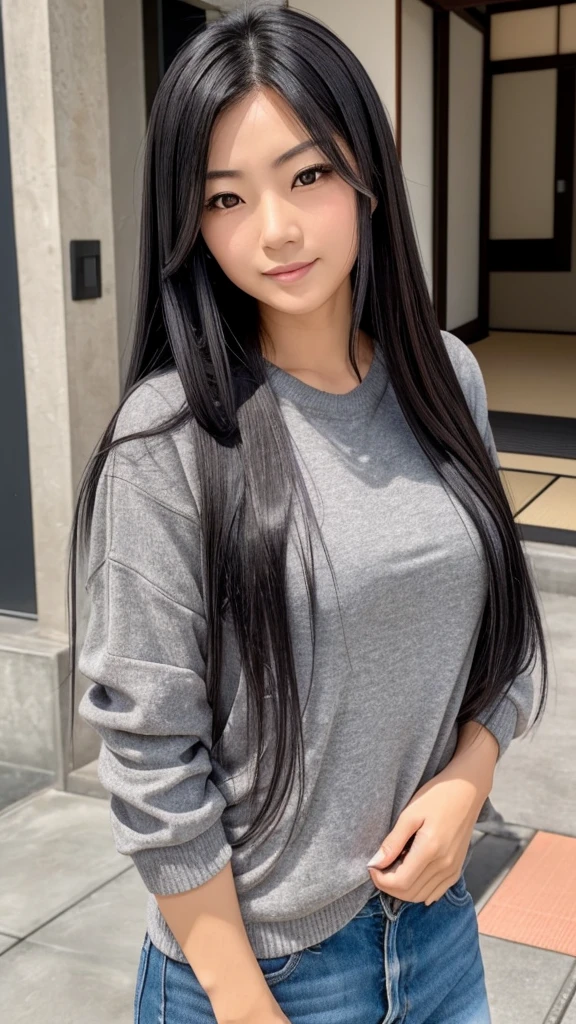 Female, Japanese, 50s, long black hair with gray, brown eyes, friendly impression, casual clothing, face with prominent lines, fine lines beginning to show, upper body in focus