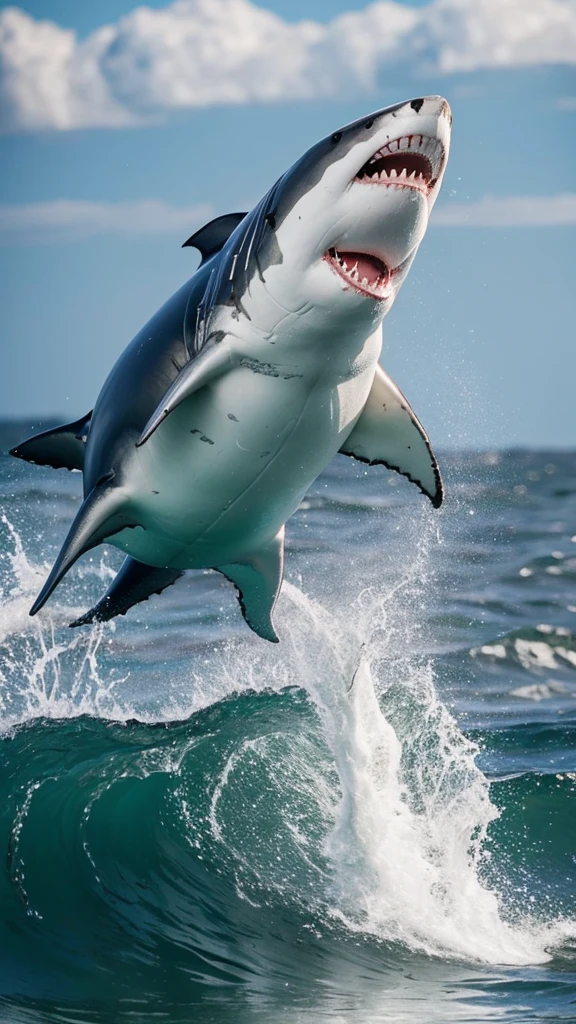 “Illustrate a great white shark leaping out of the water in mid-hunt, capturing a seal.”