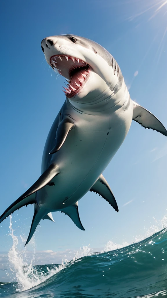 “Illustrate a great white shark leaping out of the water in mid-hunt, capturing a seal.”