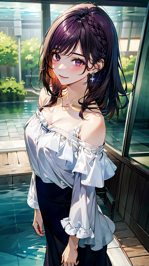 (masterpiece:1.3, Highest quality, Ultra-high resolution:1.2, Super detailed、8K), (Realistic, photoRealistic:1.4), Beautiful illustrations, Perfect lighting, colorful, Depth of written boundary, Beautiful detailed hair, Beautifully detailed face, Beautiful fine details, Droopy eyes、Beautiful clavicle, Beautiful body, 美しいLarge Breasts, Beautiful thighs, Beautiful feet, Beautiful fingers, View Viewer、Front view:0.6, Beauty1人, Japanese, Beauty、30 years old, Perfect Face, (Perfect Anatomy, Anatomically correct), Cute and symmetrical face, Baby Face, , Shiny skin,(White off-the-shoulder blouse:1.4), (colorfulなロングスカート:1.4) 、(Black pumps:1.3)、(deep purple hair, hair ornaments、Medium Straight Hair:1.4), braided bangs、Dark brown eyes, (Large Breasts, Slim body), necklace, Small earrings:1.1, (Beautiful views), (night),( luxury liner),Sitting in a chair, A soft smile、(Smile, Lips parted),
