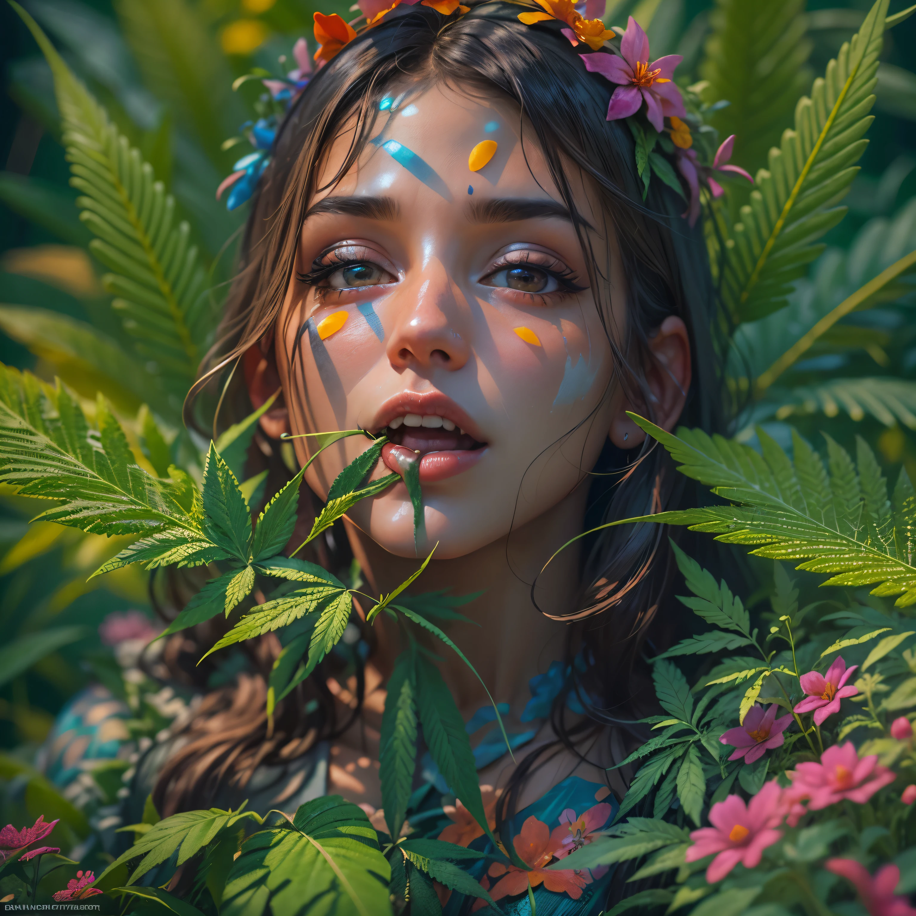 Top quality, masterpiece, super high resolution, ((Photorealistic: 1.4), raw photo, 1 beautiful girl buried in cannabis, ((portrait)), shiny skin, (super realistic details)), Cannabis and cocaine covering limbs, drug education. Beautiful woman with tongue sticking out, ((LSD)), psychedelic background, octane rendering, 8K, super sharp, metal, Intricate psychedelic details, very intricate details, realistic light, facing the camera, psychedelic details,