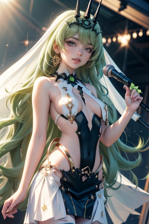 Mobius_(honkai impact 3rd), ornament hair, crown, perfectly body, perfectly hands, wave hair, green hair, long hair, green eyes, white dress, more details on her clothes, white dress with gold details, night, ornament hair, long hair, 1 girl, Looking at the audience, on the stage holding a microphone, flowing hair, Beautiful Eyes, Plump and glossy lips, Idol, idol dress, wedding dress, dress with too many frills, white dress, green laces, white Short skirt, Drape clothes, green gem, Lace trim, bright stage, luxury gold details, gold jewelry, more details, best quality, Big sparkling eyes, blushing, Striped Lace Stockings, white ta skirt, sparkle, solo, centered girl, cowboy shot, perfectly body, perfectly hands, two arms, two legs, two hands, five fingers, perfect anatomy, glowing hair, white roses, 1girl, dress, solo, flowing hair, floating hair, ornament hair, perfectly body, perfectly hands, on the stage, sparkles, more details on her clothes, dress with transparency, golden details on her dress, night, holding a microphone, ((4k, masterpiece, top-quality)), 8k, best quality, high resolution, UHD, (illustration:0.8), super cute girl, delicate and beautiful face, mature girl, super cute hairstyle, (beautiful detailed eyes:1.6), extremely detailed face, perfect lighting, extremely detailed CG, (perfect hands, perfect anatomy), Best quality