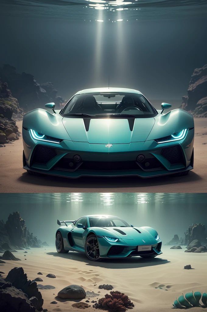 There is a sports car at the bottom of the ocean, surrounded by marine life. Light breaks through the water, creating mystical lighting. The car is partially covered with seaweed and coral, which emphasizes his prolonged stay under water. A variety of fish and other marine life swim around. A lot of details.
Details for creating a picture:
Main object:
sports car (Sports car).
Clean lines and modern car design, but with elements of corrosion and fouling by algae and corals.
ambient:
Ocean floor, covered with sand and stones.
Marine flora: algae, armed, sea grass.
Marine fauna: various types of fish, Maybe, small sharks, Jellyfish.
Lighting & Atmosphere:
Scattered light, penetrating through the water from above, creating soft light rays.
Shadows & Depth, giving the image realism.
Bluish and greenish shades, characteristic of the underwater environment.
Additional elements (Optional):
Shipwrecks or old chests in the distance to add ambience.
little air bubbles, rising from the car.
Style and mood:
Realistic style with high detail.
Mystical and slightly mysterious atmosphere.
Combination of modern and natural.
Technical specifications:
a high resolution.
Realistic stylization.
Detailed elements of the car and the underwater world.
Effective use of light and shadow to create depth and realism.