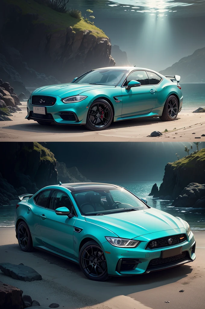 There is a sports car at the bottom of the ocean, surrounded by marine life. Light breaks through the water, creating mystical lighting. The car is partially covered with seaweed and coral, which emphasizes his prolonged stay under water. A variety of fish and other marine life swim around. A lot of details.

Details for creating a picture:

Main object:

sports car (Sports car).
Clean lines and modern car design, but with elements of corrosion and fouling by algae and corals.
ambient:

Ocean floor, covered with sand and stones.
Marine flora: algae, armed, sea grass.
Marine fauna: various types of fish, Maybe, small sharks, Jellyfish.
Lighting & Atmosphere:

Scattered light, penetrating through the water from above, creating soft light rays.
Shadows & Depth, giving the image realism.
Bluish and greenish shades, characteristic of the underwater environment.
Additional elements (Optional):

Shipwrecks or old chests in the distance to add ambience.
little air bubbles, rising from the car.
Style and mood:

Realistic style with high detail.
Mystical and slightly mysterious atmosphere.
Combination of modern and natural.
Technical specifications:

a high resolution.
Realistic stylization.
Detailed elements of the car and the underwater world.
Effective use of light and shadow to create depth and realism.