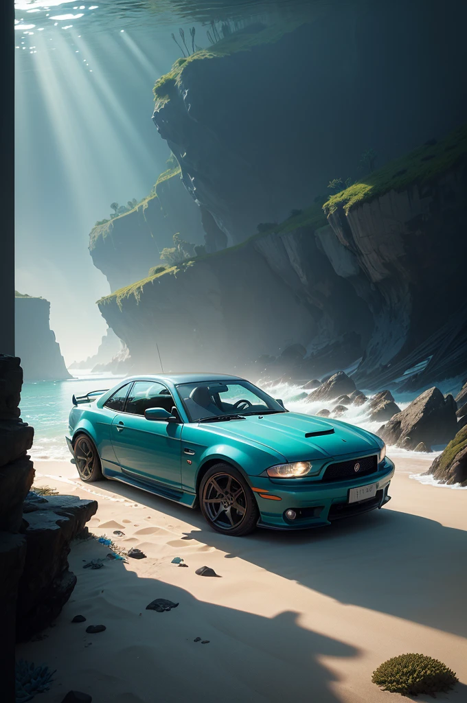 There is a sports car at the bottom of the ocean, surrounded by marine life. Light breaks through the water, creating mystical lighting. The car is partially covered with seaweed and coral, which emphasizes his prolonged stay under water. A variety of fish and other marine life swim around. A lot of details.

Details for creating a picture:

Main object:

sports car (Sports car).
Clean lines and modern car design, but with elements of corrosion and fouling by algae and corals.
ambient:

Ocean floor, covered with sand and stones.
Marine flora: algae, armed, sea grass.
Marine fauna: various types of fish, Maybe, small sharks, Jellyfish.
Lighting & Atmosphere:

Scattered light, penetrating through the water from above, creating soft light rays.
Shadows & Depth, giving the image realism.
Bluish and greenish shades, characteristic of the underwater environment.
Additional elements (Optional):

Shipwrecks or old chests in the distance to add ambience.
little air bubbles, rising from the car.
Style and mood:

Realistic style with high detail.
Mystical and slightly mysterious atmosphere.
Combination of modern and natural.
Technical specifications:

a high resolution.
Realistic stylization.
Detailed elements of the car and the underwater world.
Effective use of light and shadow to create depth and realism.